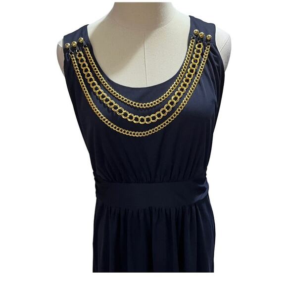 Milly Navy Gold Tone Knit Layered Chain Embellished‎ Scoop Neck Sheath Dress Lg - Picture 3 of 13